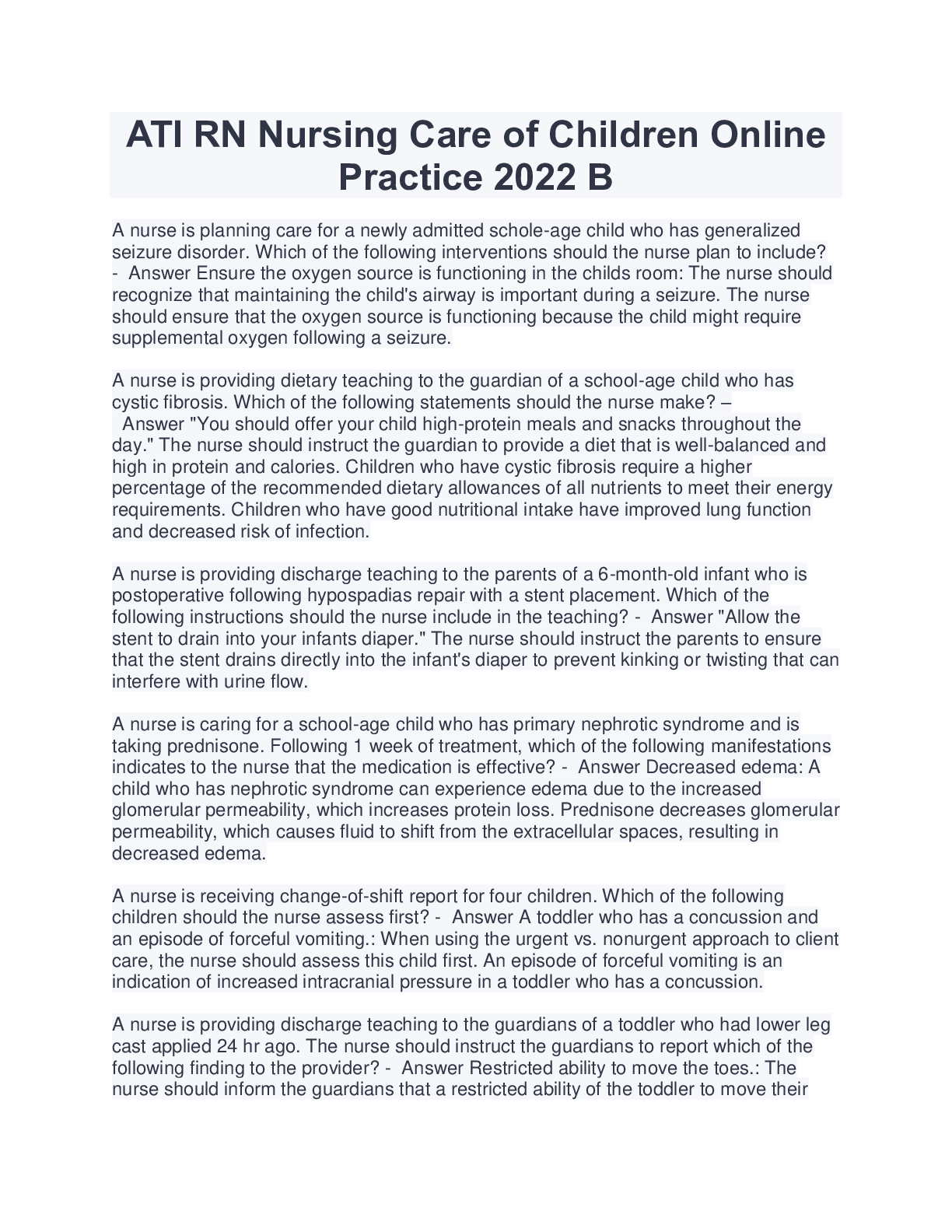ATI RN Nursing Care of Children Online Practice 2022 B. Questions And